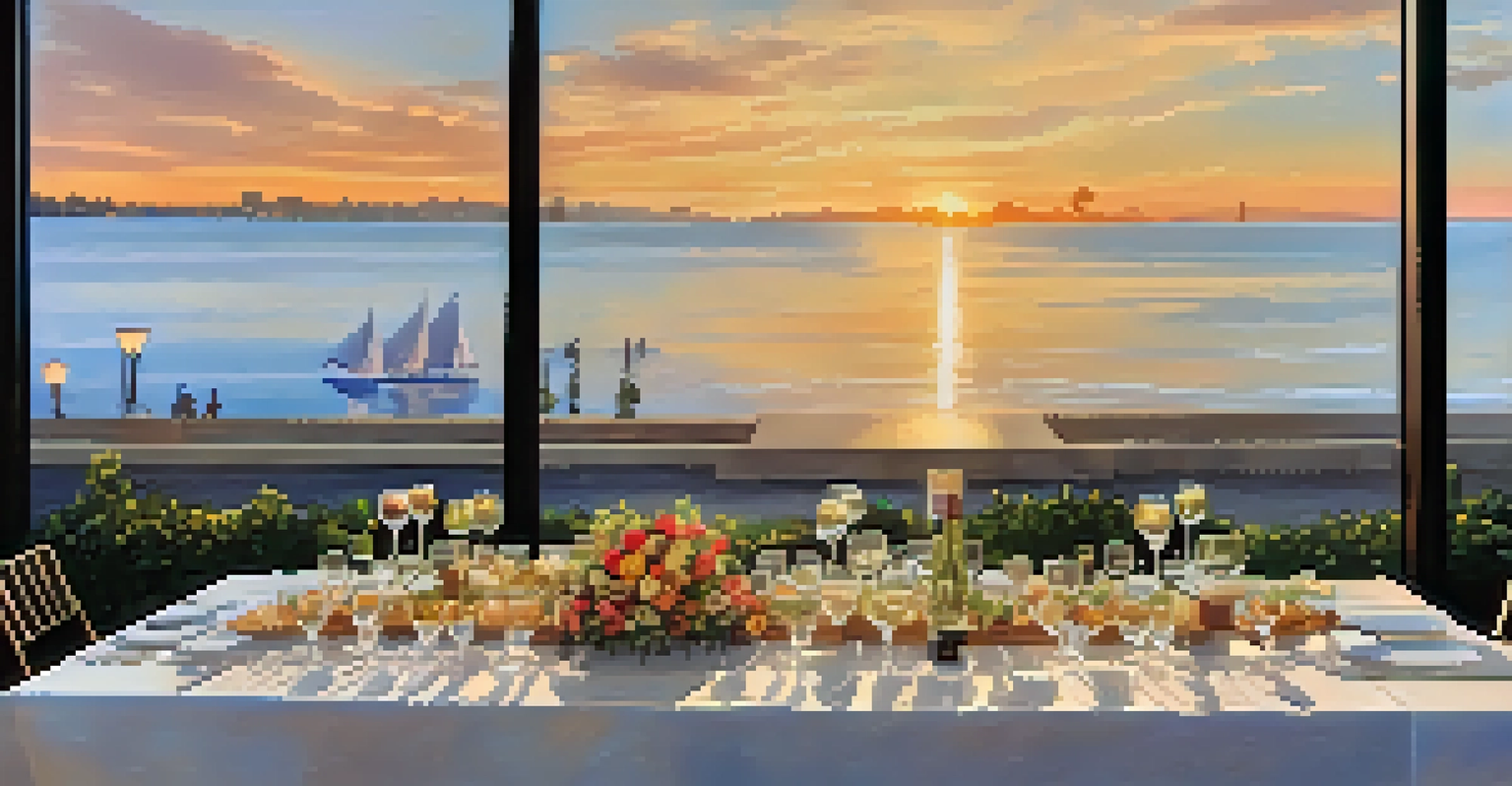 An elegant table setting at the San Diego Bay Wine & Food Festival with gourmet dishes and wine glasses against a sunset over the bay.