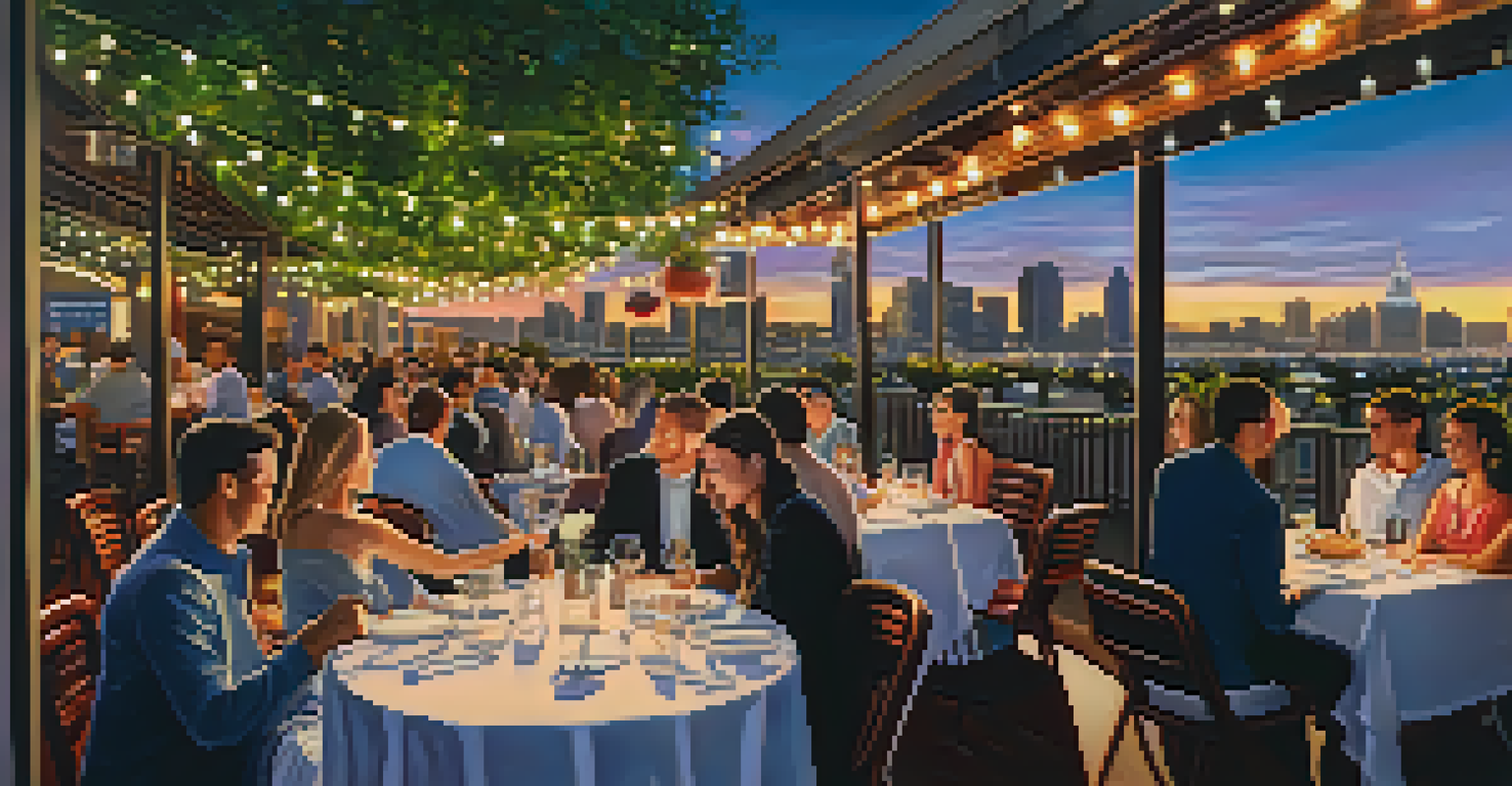 Guests dining on a rooftop in Little Italy, San Diego, with city skyline and sunset colors in the background.