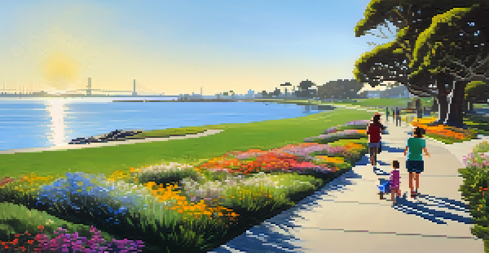 A family-friendly walking path around Mission Bay with strollers and picnic spots, under a sunny sky.