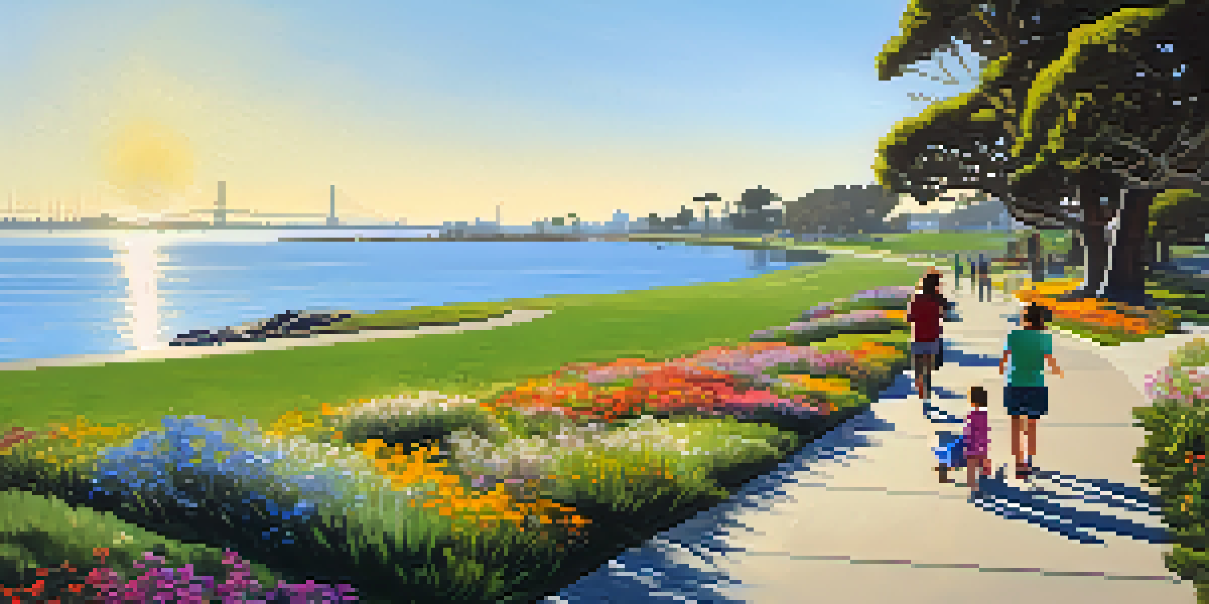 A family-friendly walking path around Mission Bay with strollers and picnic spots, under a sunny sky.