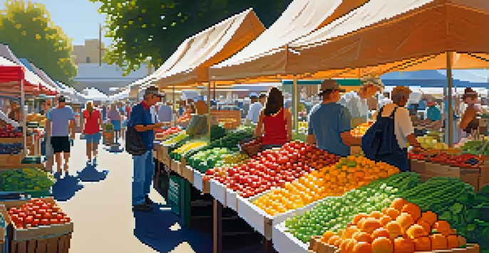 A lively farmers market filled with various organic fruits and vegetables, with vendors and customers enjoying the sunny day.