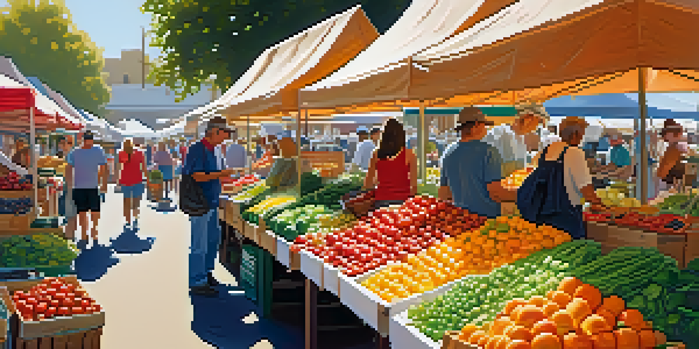A lively farmers market filled with various organic fruits and vegetables, with vendors and customers enjoying the sunny day.