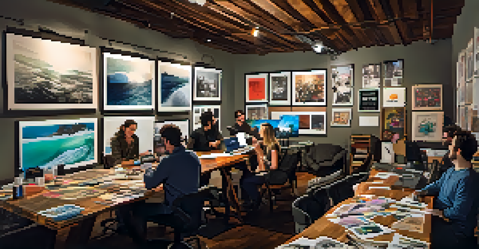 Independent filmmakers brainstorming in a creative workspace filled with storyboards and film posters.
