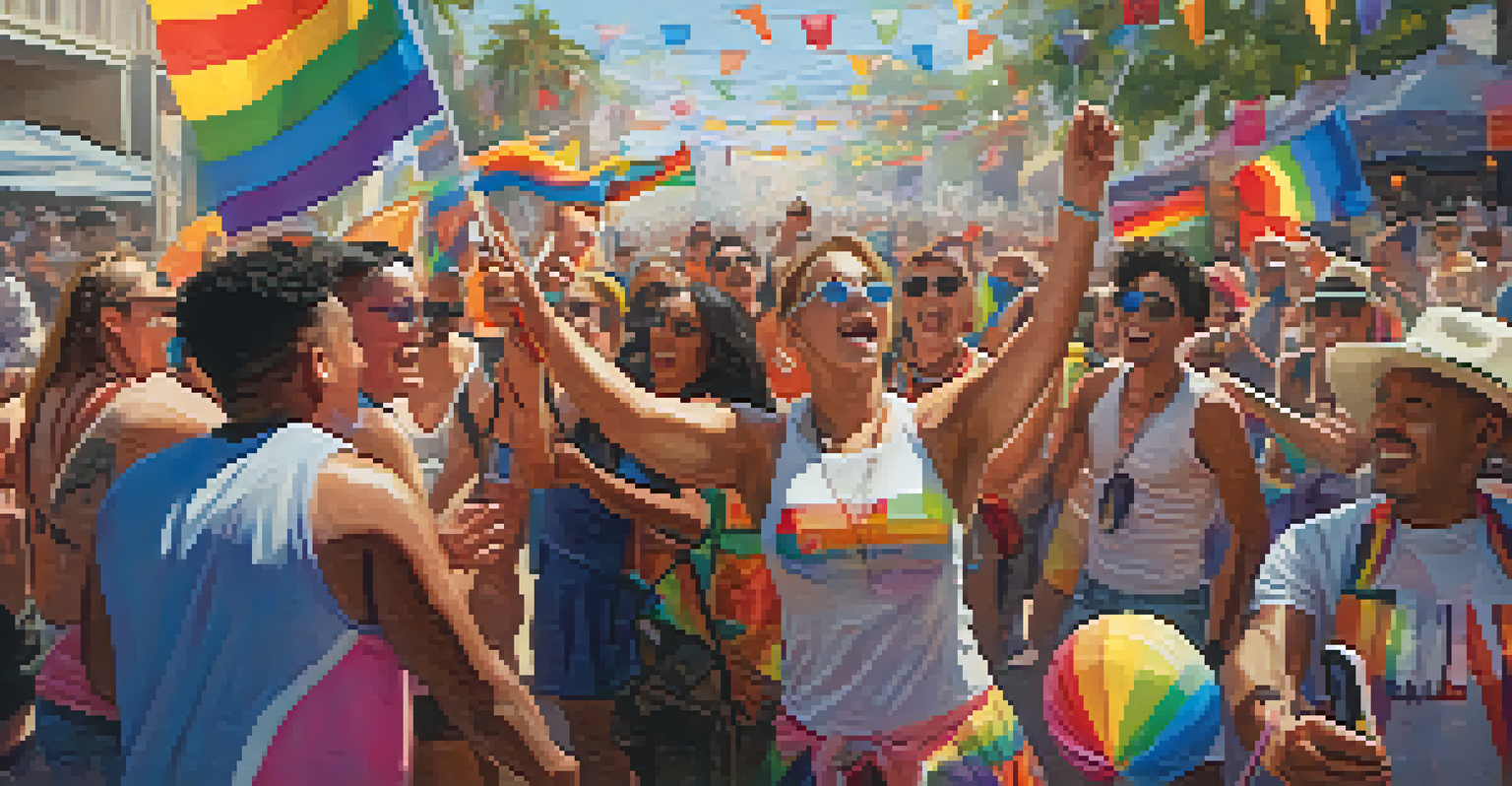 A joyful crowd at the San Diego Pride Festival with colorful flags and costumes, celebrating diversity and inclusivity.