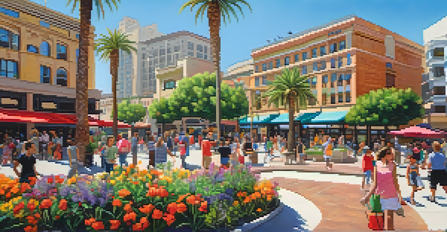 A lively urban plaza inspired by Horton Plaza, filled with people, colorful flowers, and diverse architecture under a sunny sky.