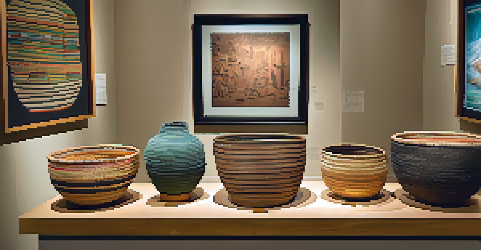 An exhibit showcasing Native American artifacts at the San Diego History Center, with woven baskets and stone tools under warm lighting.