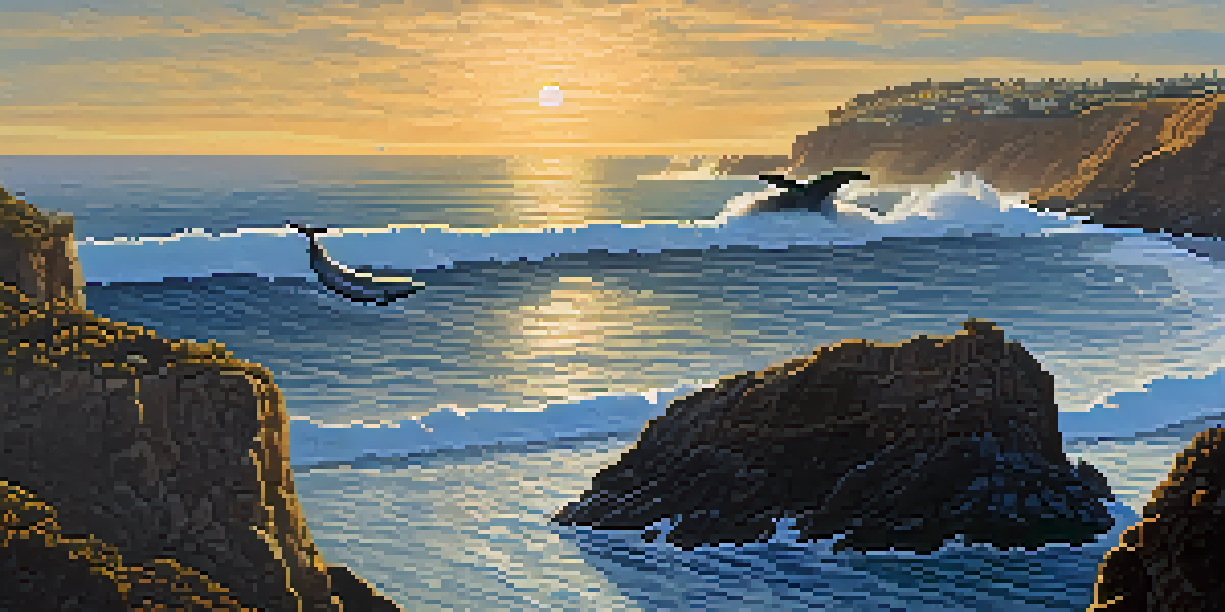 A scenic view of San Diego's coastline with a gray whale breaching the surface of the ocean, cliffs in the background, and a sunset sky.