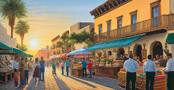 A bustling street in Old Town San Diego with colorful buildings, cobblestone streets, and people enjoying the lively atmosphere.