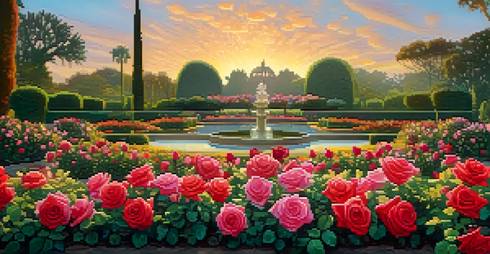 A close-up of a red rose with raindrops, surrounded by a colorful array of blooming rose bushes in the Rose Garden.