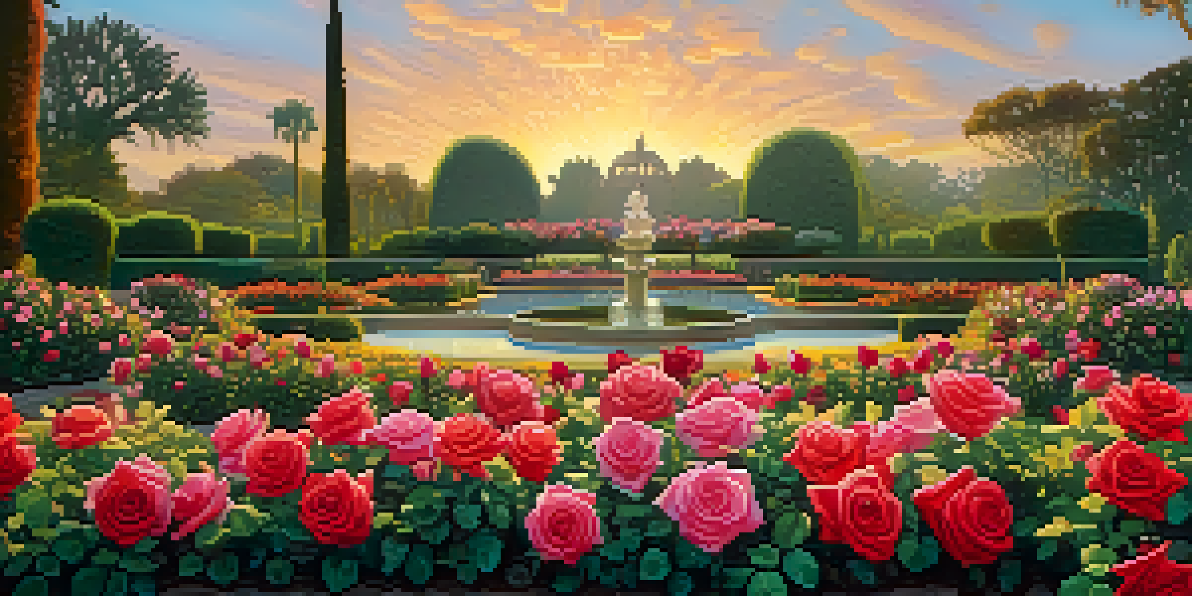 A close-up of a red rose with raindrops, surrounded by a colorful array of blooming rose bushes in the Rose Garden.
