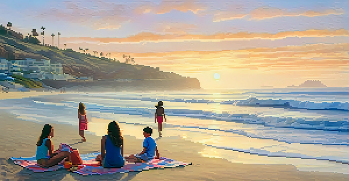 A beautiful sunset over San Diego's coastline with a family enjoying the beach.