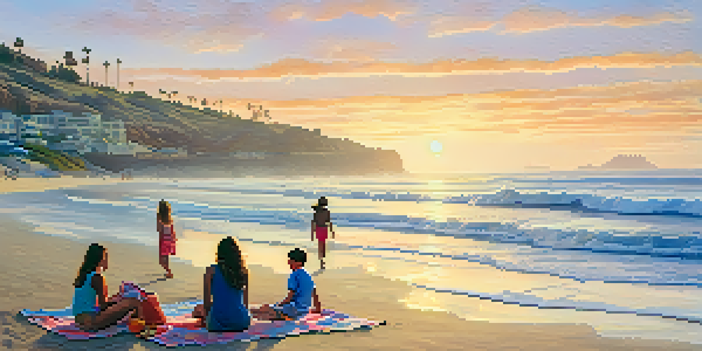 A beautiful sunset over San Diego's coastline with a family enjoying the beach.