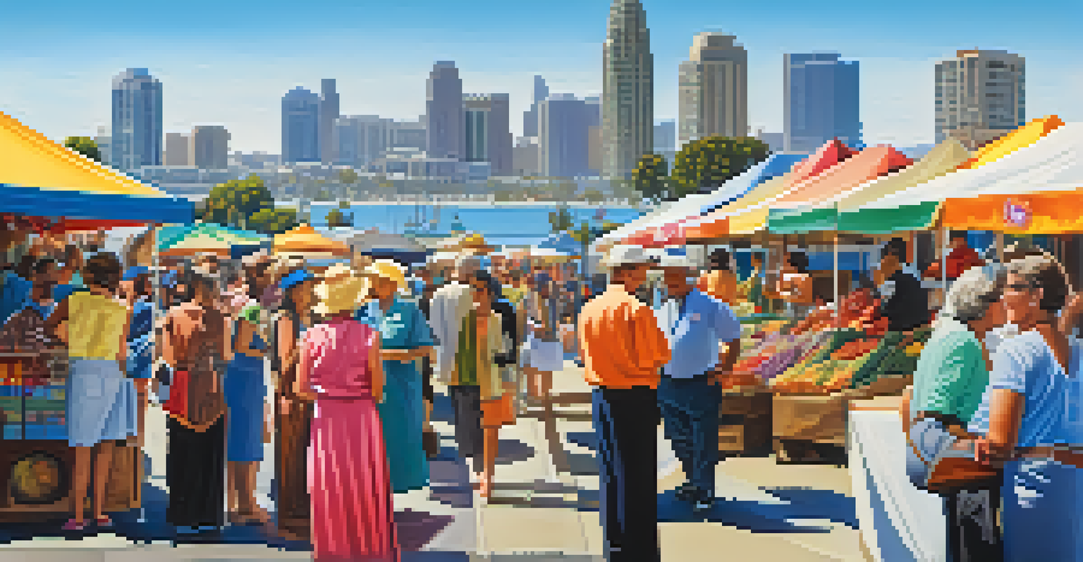 Eleanor Roosevelt engaging with local artists at an open-air market in San Diego, surrounded by colorful artworks and the city skyline.