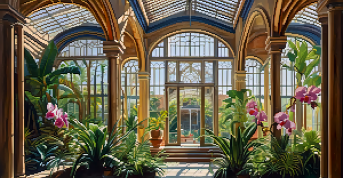 A greenhouse with wood architecture filled with tropical plants and sunlight pouring in.