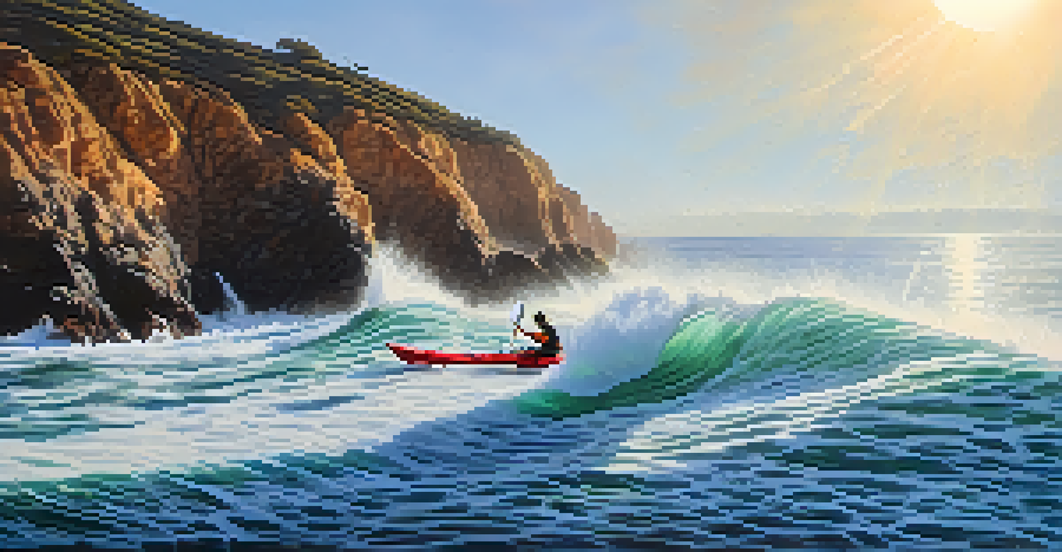 A kayaker maneuvering through waves near Point Loma with cliffs and bright sunlight creating a dramatic scene.
