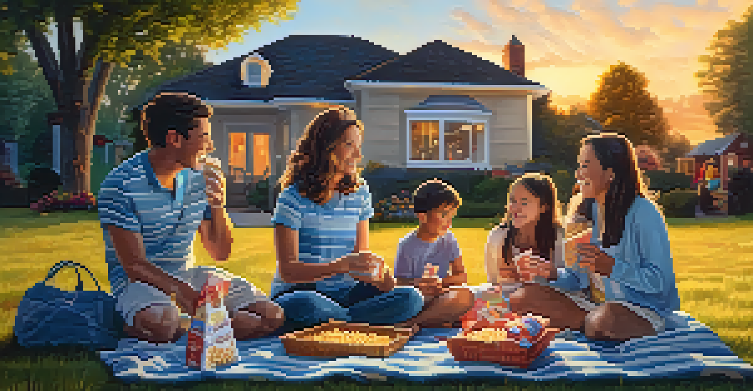 A family setting up for an outdoor movie night on the grass, with snacks and kids playing nearby during a beautiful sunset.