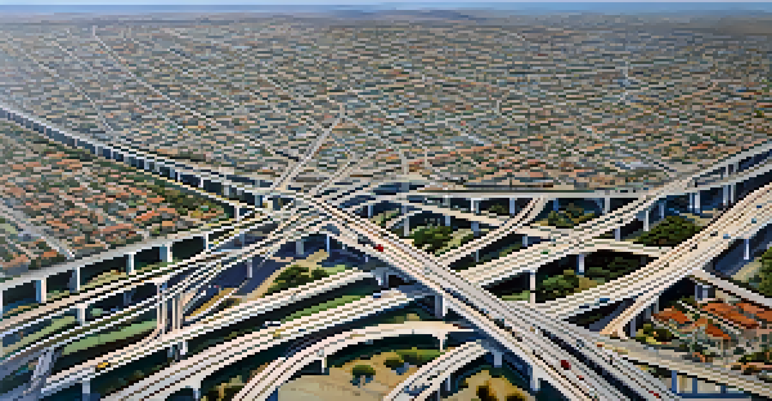 An aerial view of San Diego's freeway system with cars and surrounding neighborhoods.