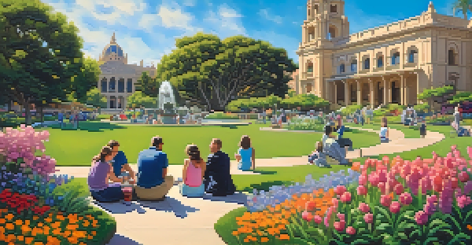 A sunny day in Balboa Park with blooming gardens and families enjoying the outdoors.