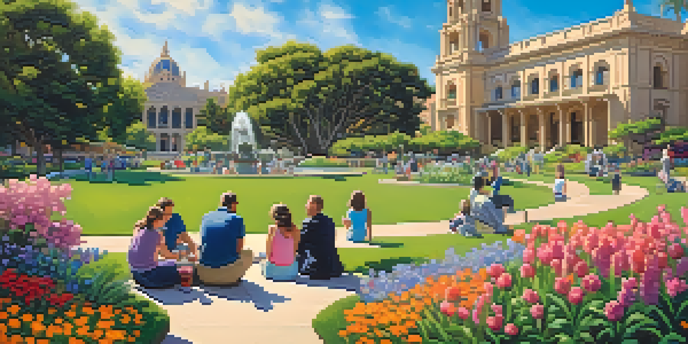 A sunny day in Balboa Park with blooming gardens and families enjoying the outdoors.