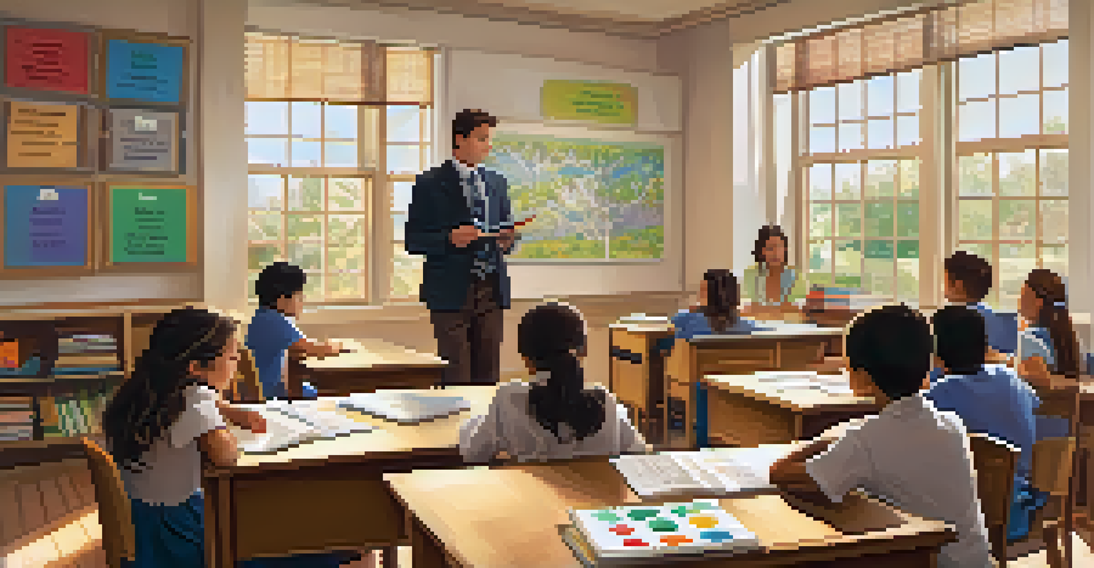 A cozy classroom with a teacher and a small group of students engaged in a lesson, filled with educational materials.