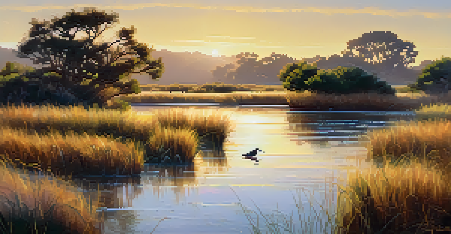 A tranquil wetland scene with shorebirds and waterfowl in Tijuana River Reserve, under warm sunlight.