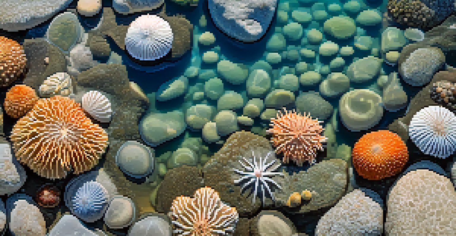 A close-up view of tidal pools filled with marine life in Point Loma, showcasing colorful starfish and anemones.