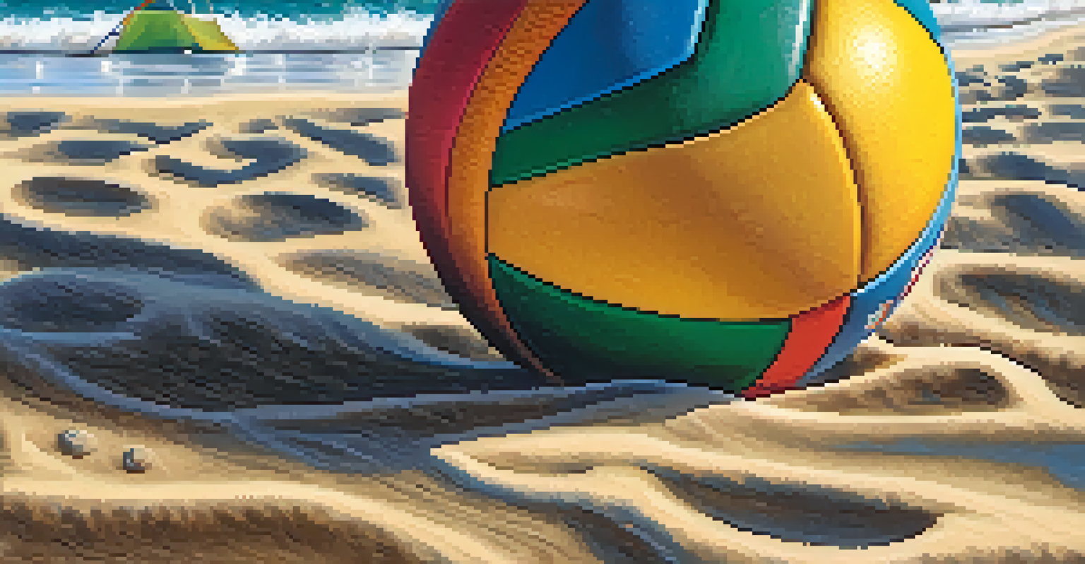 A close-up of a colorful beach volleyball resting on soft sand, with gentle ocean waves in the background and sunlight illuminating the scene.