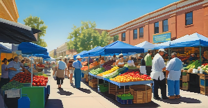 A bustling farmers' market in San Diego filled with fresh produce, colorful stalls, and local chefs engaging with vendors under a clear blue sky.