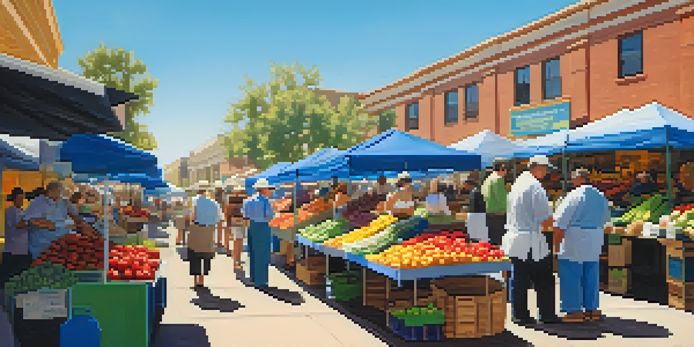 A bustling farmers' market in San Diego filled with fresh produce, colorful stalls, and local chefs engaging with vendors under a clear blue sky.