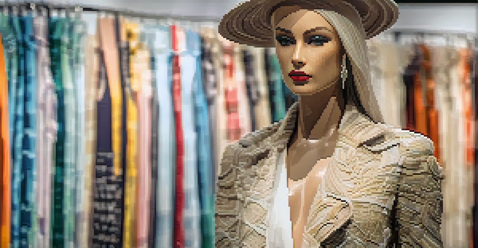 A close-up view of a mannequin displaying sustainable fashion designs made from recycled fabrics in a bright pop-up shop.