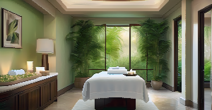 A calming spa treatment room with soft lighting, white towels, and a view of a lush garden.