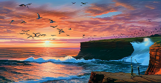 A stunning sunset over rugged cliffs with crashing waves, featuring vibrant orange and pink hues in the sky and a silhouette of a photographer with a tripod.