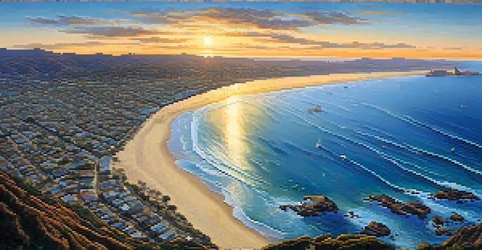 Aerial view of San Diego's coastline with blue ocean, sandy beaches, and divers exploring kelp forests during sunset.