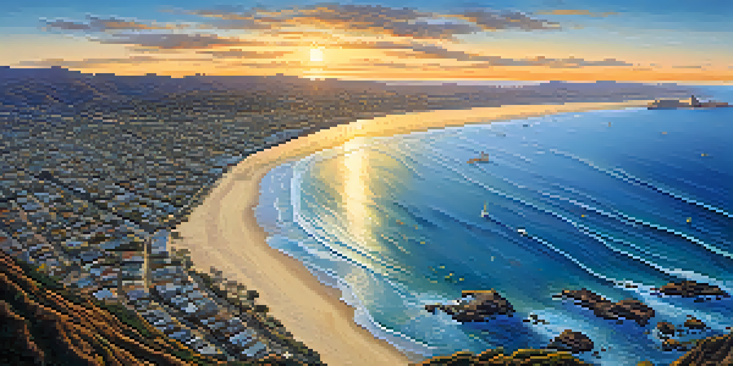 Aerial view of San Diego's coastline with blue ocean, sandy beaches, and divers exploring kelp forests during sunset.