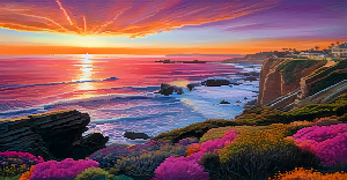 A sunset at La Jolla Cove with vibrant colors reflecting off the ocean, sea lions on the rocks, and cliffs in the background.