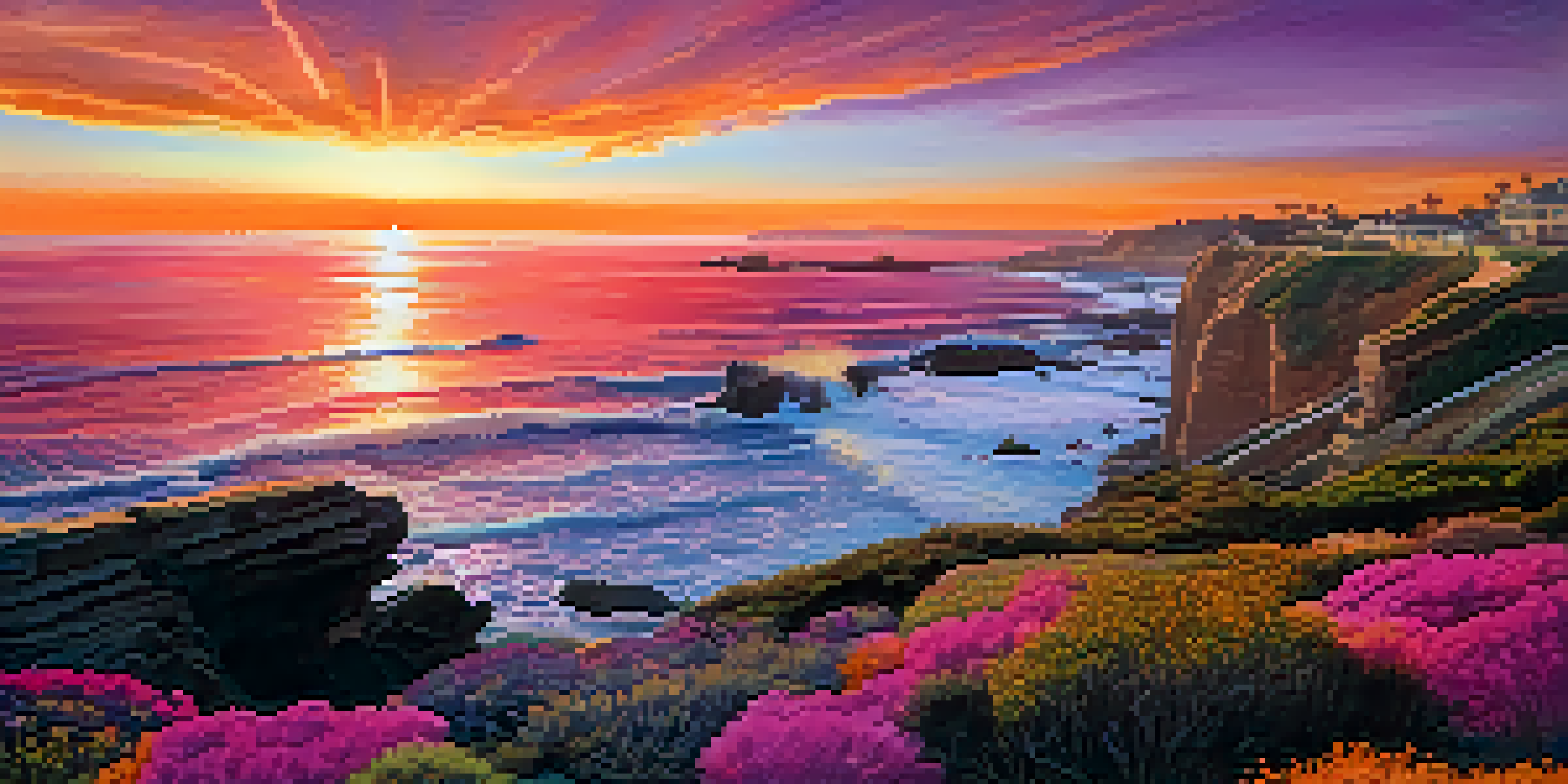 A sunset at La Jolla Cove with vibrant colors reflecting off the ocean, sea lions on the rocks, and cliffs in the background.