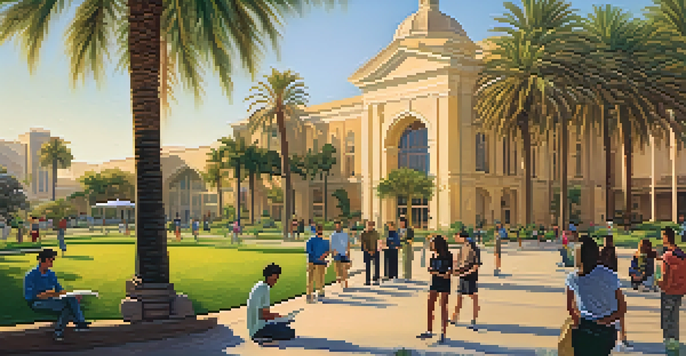 A colorful university campus with students of various ethnicities talking under palm trees at sunset.