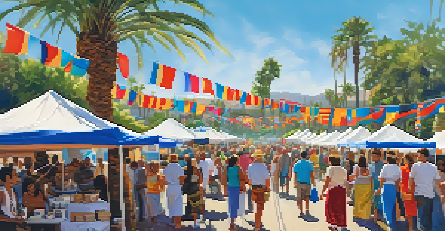 A lively community festival in San Diego with colorful stalls and local residents sharing their culture with visitors under palm trees.