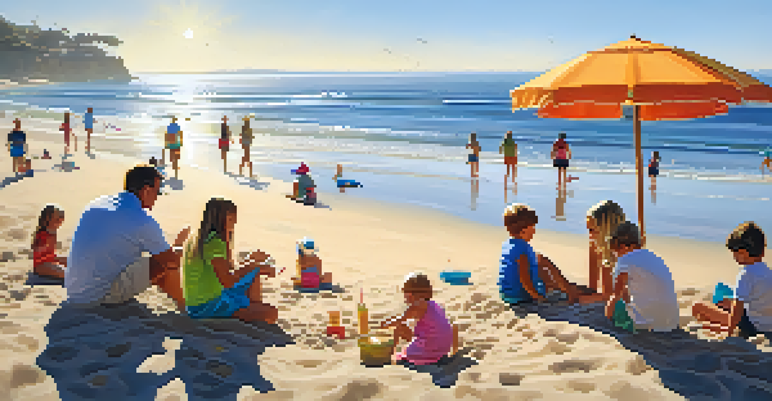 Families enjoying a sunny day at La Jolla Shores beach, building sandcastles and relaxing under umbrellas.