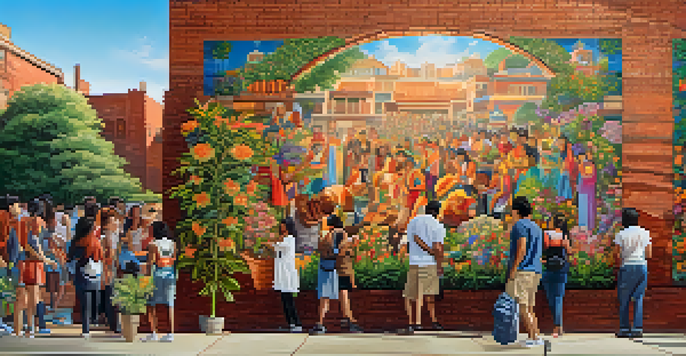 A colorful mural depicting cultural symbols with people admiring the artwork in an urban landscape.