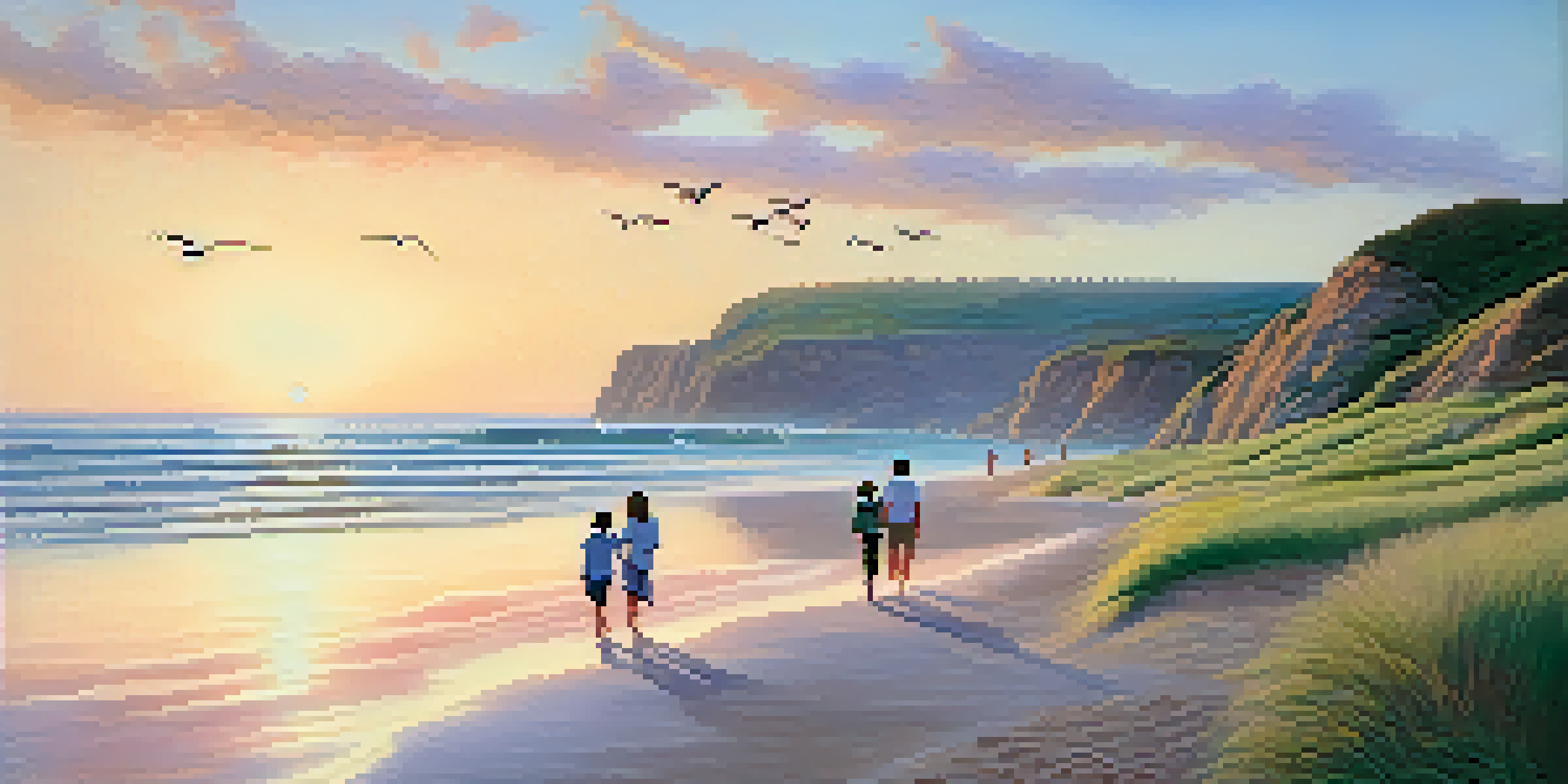 A tranquil beach scene during sunset with a family having a picnic on the sand and a couple walking by the water.
