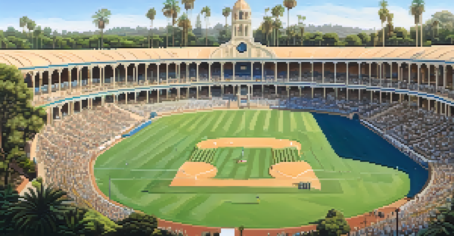 A close-up of Balboa Stadium's unique architecture surrounded by greenery, with people arriving for an event under a clear blue sky.