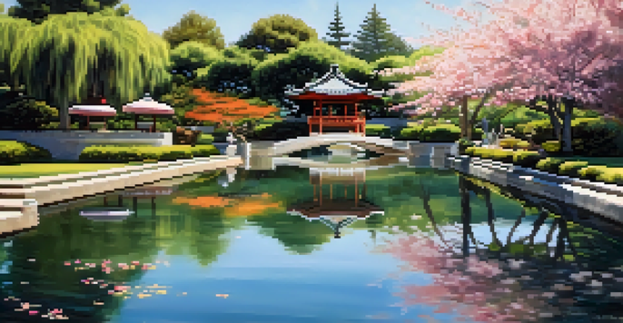 A peaceful Japanese garden featuring a koi pond and cherry blossom trees with traditional architecture in the background.
