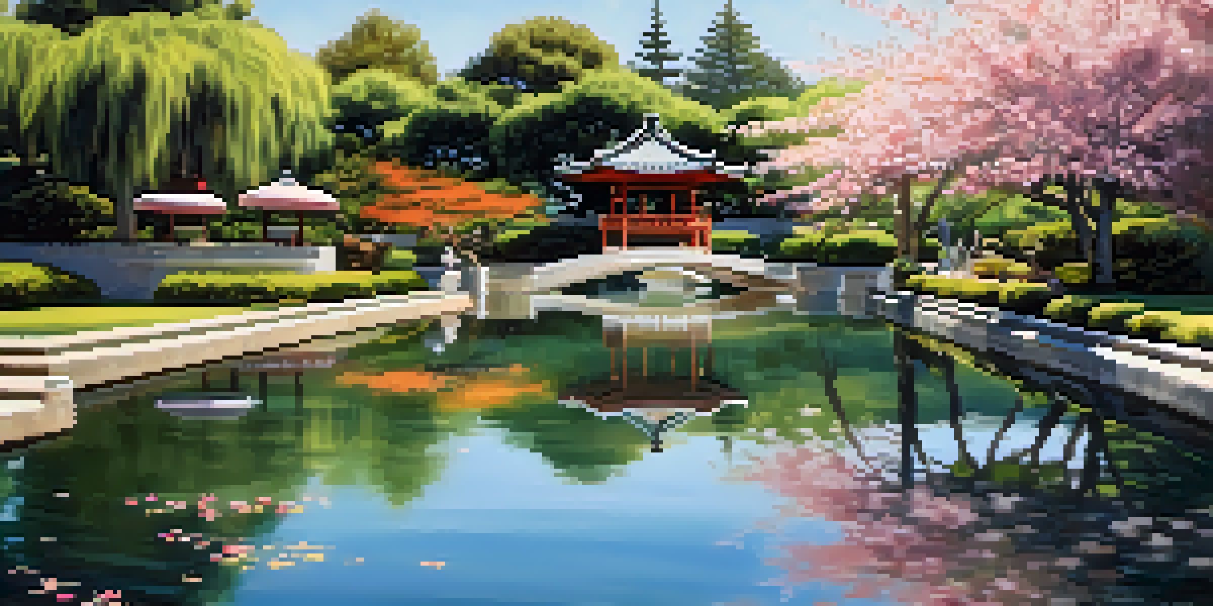 A peaceful Japanese garden featuring a koi pond and cherry blossom trees with traditional architecture in the background.
