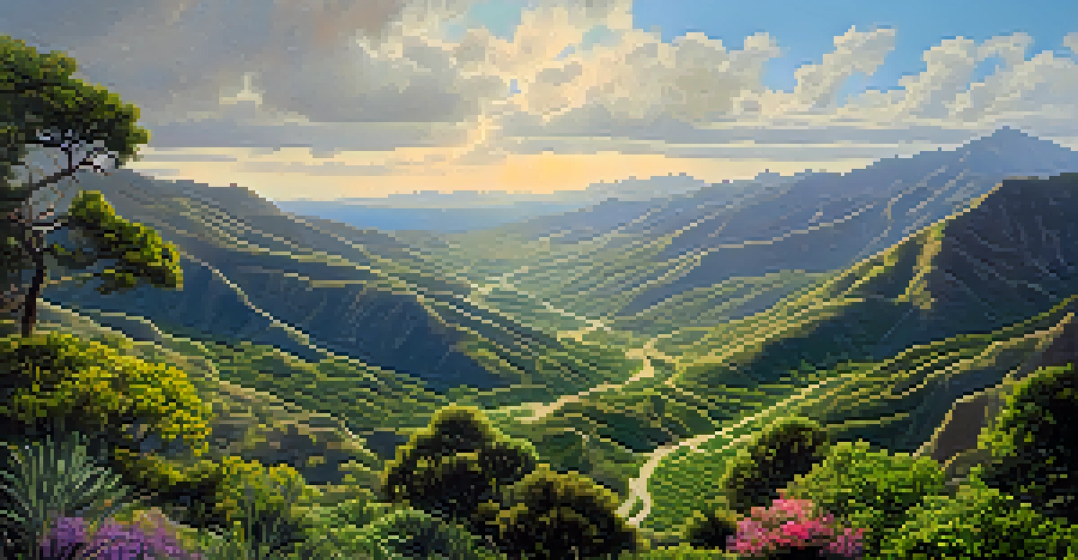 An aerial view of a mountainous region in San Diego with diverse greenery and blooming wildflowers under sunlight.