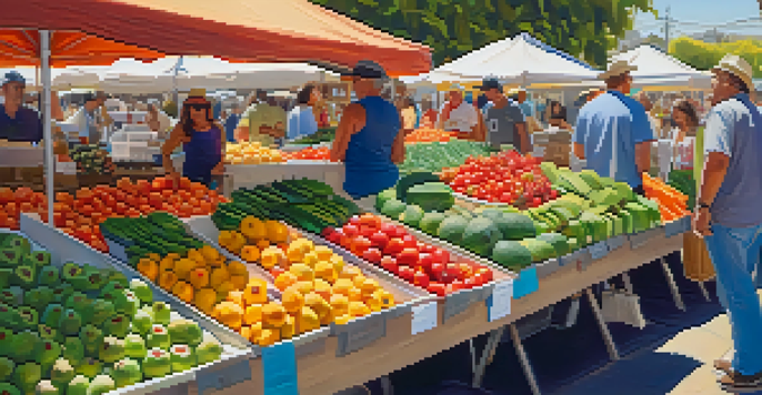 A lively farmers' market in San Diego filled with colorful fresh produce and diverse shoppers under warm sunlight.
