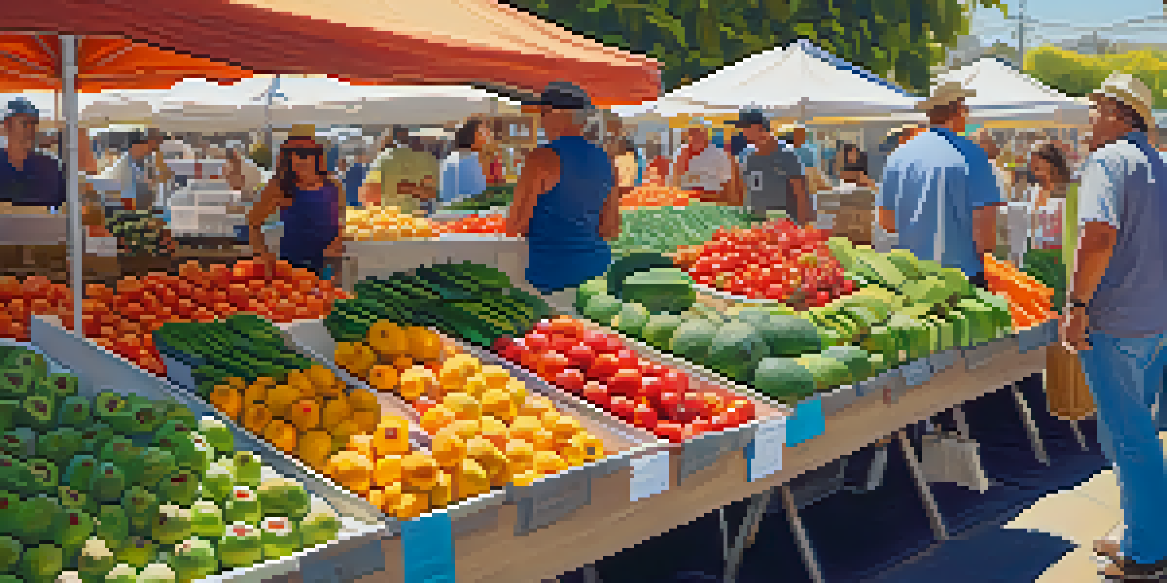 A lively farmers' market in San Diego filled with colorful fresh produce and diverse shoppers under warm sunlight.