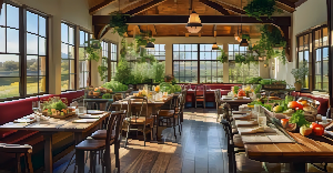 A cozy restaurant table filled with seasonal dishes made from local ingredients, illuminated by sunlight.