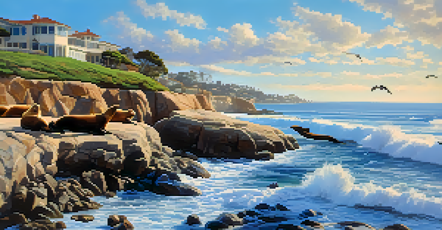 A lively beach scene with sea lions resting on rocks, waves in the background, and a clear sky.