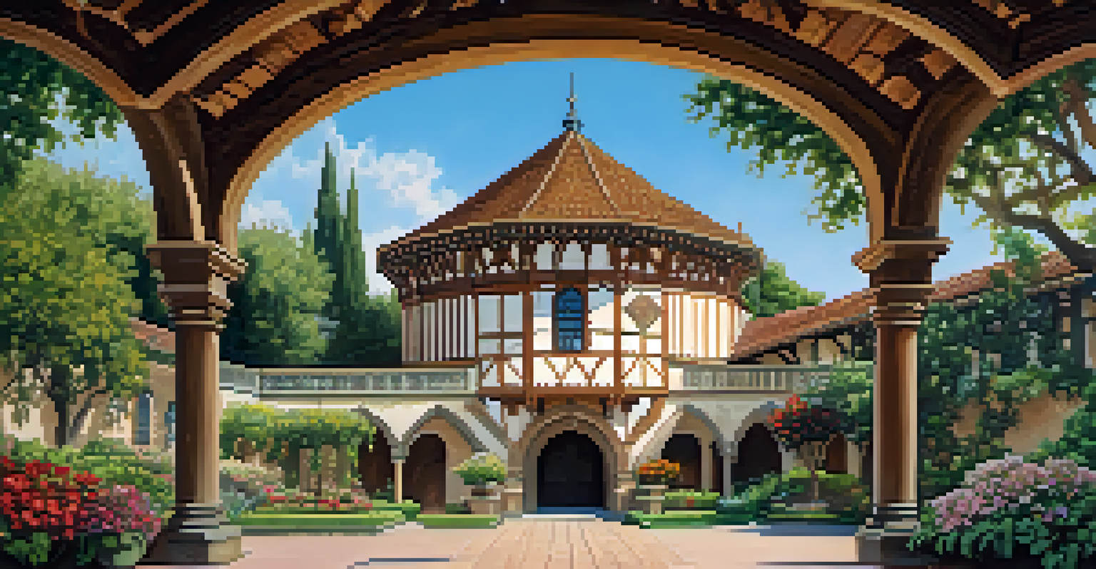 Exterior view of the Old Globe Theatre in Balboa Park, showcasing Tudor-style architecture and vibrant flowers.